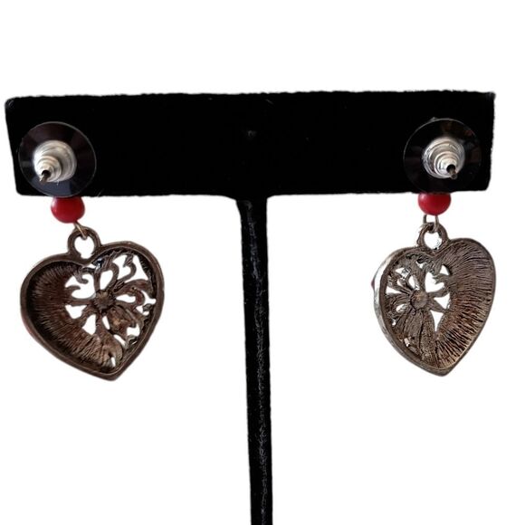 Red Enameled Heart Dangle Earrings‎ Romantic Bohemian Pierced Valentines PATINA. - Picture 7 of 14